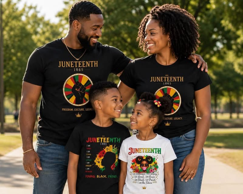 A family of four wearing Studio HeartScript Juneteenth 1865 Freedom Culture Legacy tees