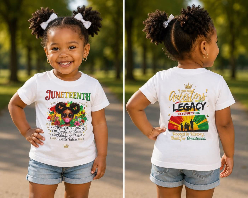 Toddler wearing the Junior Legacy Girls tee — front I AM Beautiful design and back I Am My Ancestors Legacy print